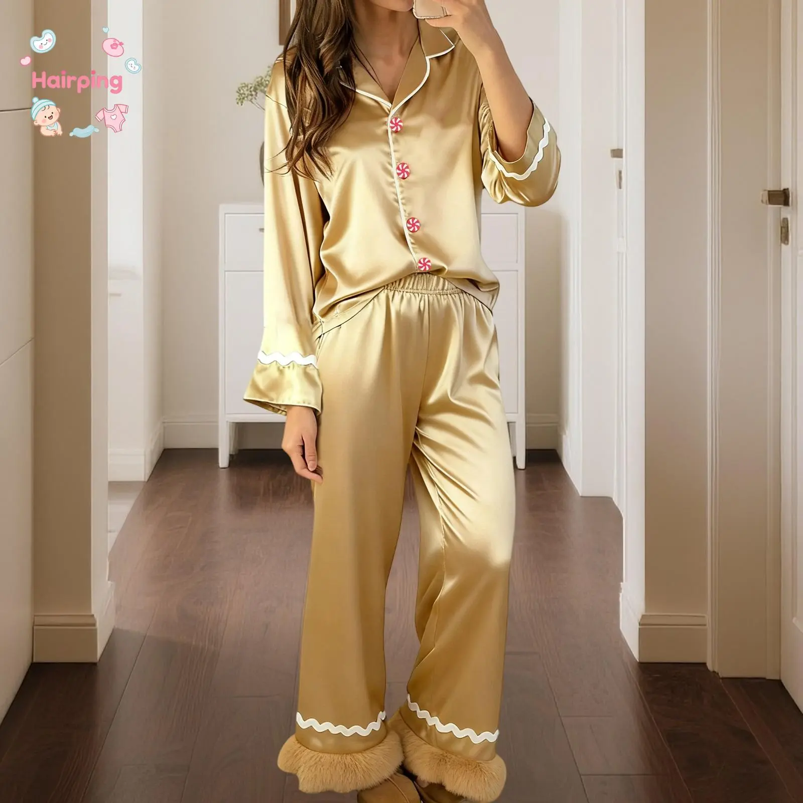 Mommy and Me Matching Pajamas Gingerbread Man Button Down Long Sleeve Lapel Tops Pants Family Satin Christmas Sleepwear