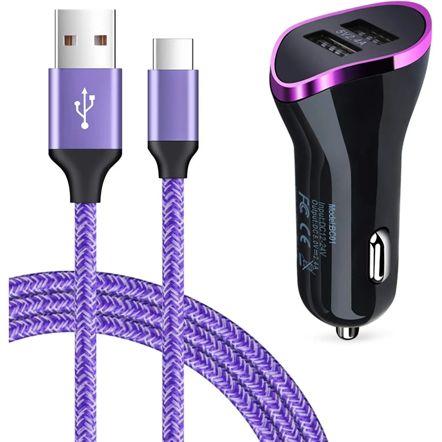 5V/2.4A (Max) DC 12-24V Nylon Fast Charging Type-C Car Charger with 6ft USB-C Charging Cable for Samsung Galaxy S24,S23,A16,A25,A35,A15,A54,A14,A53,A23,A13,A03S,A12,A21,A32,A42,A50,A51,S22,S21,S20; LG Stylo 6,5,4; Moto G Power,G Stylus