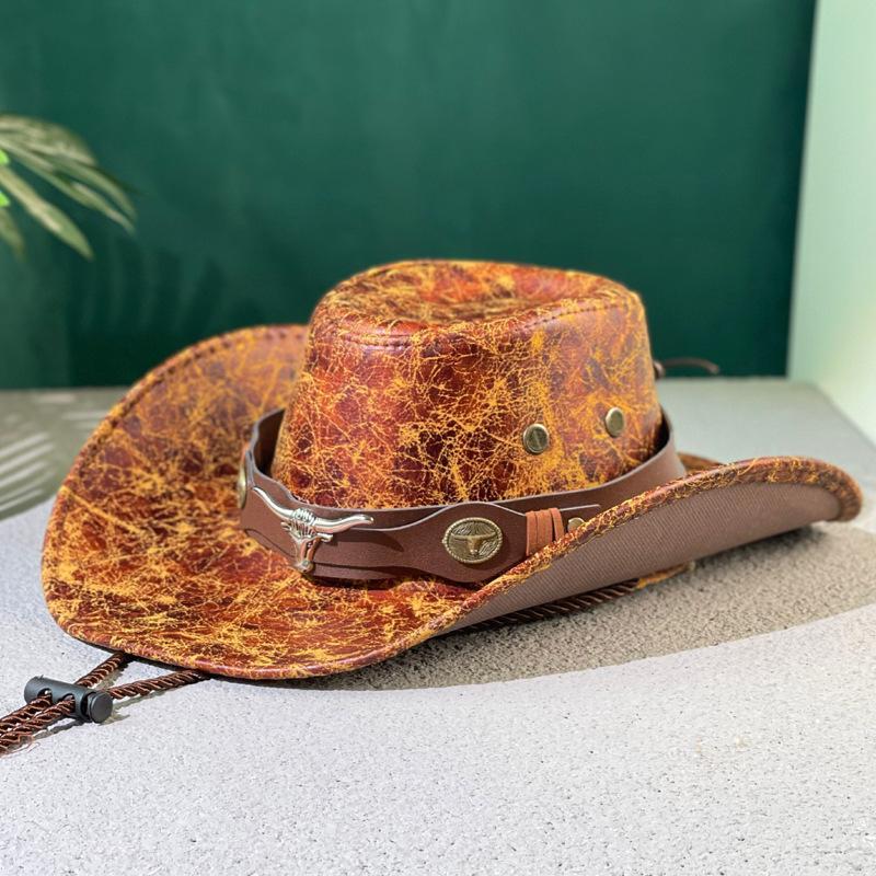1PC This Jazz Hat  Its Unique Texture Design  Features A Distinctive Bull Head Belt with Riveted.Instantly Catches The Eye And