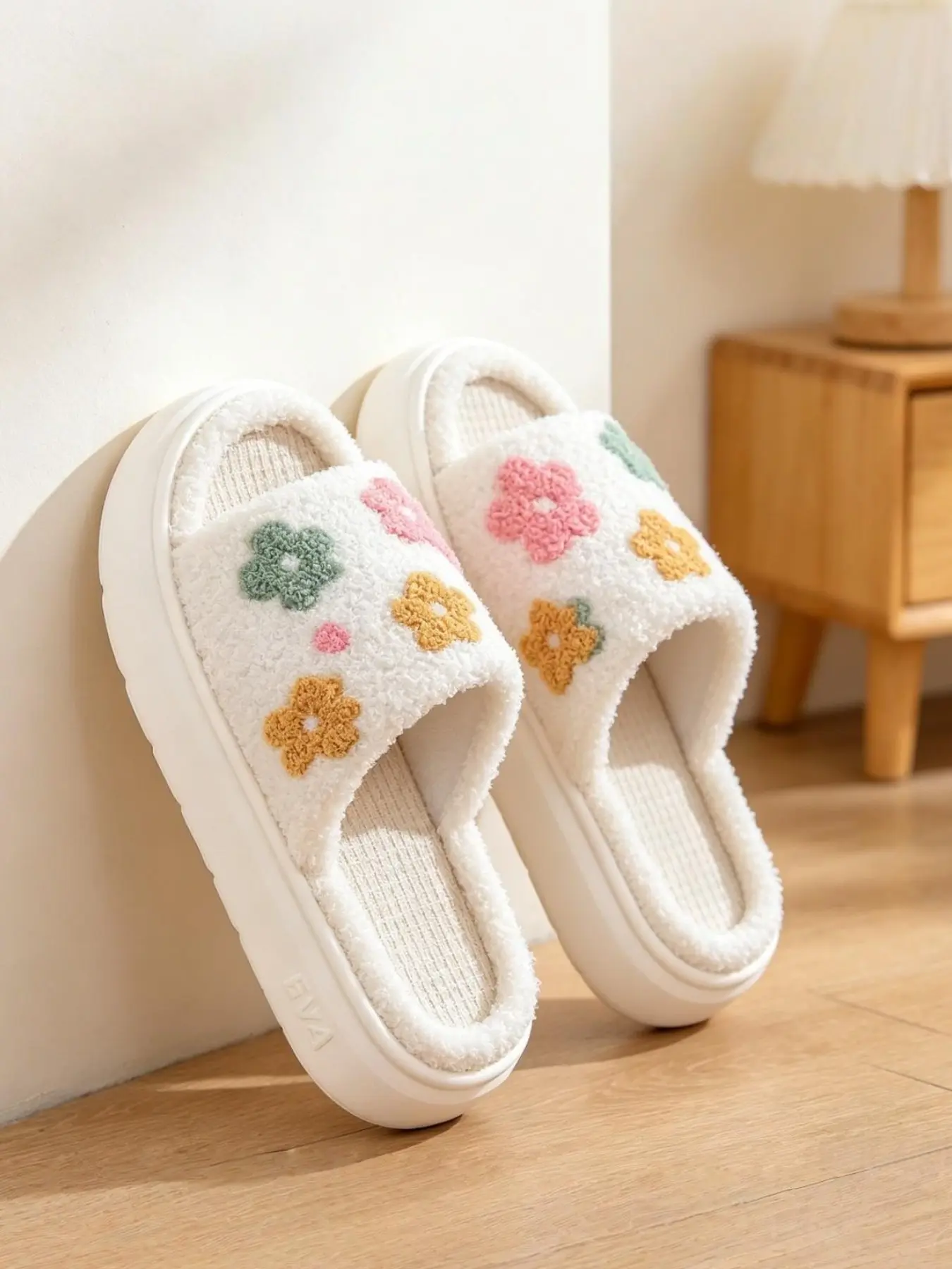 Women's Sweet Country Style Floral Plush Indoor Home Slippers, house slipper, bedroom slippers, Thick Sole Slides, Slide, Soft Teddy Fleece Upper, Colorful Embroidery, Breathable Linen Insole, Thick Sole, Spring Fall Comfort