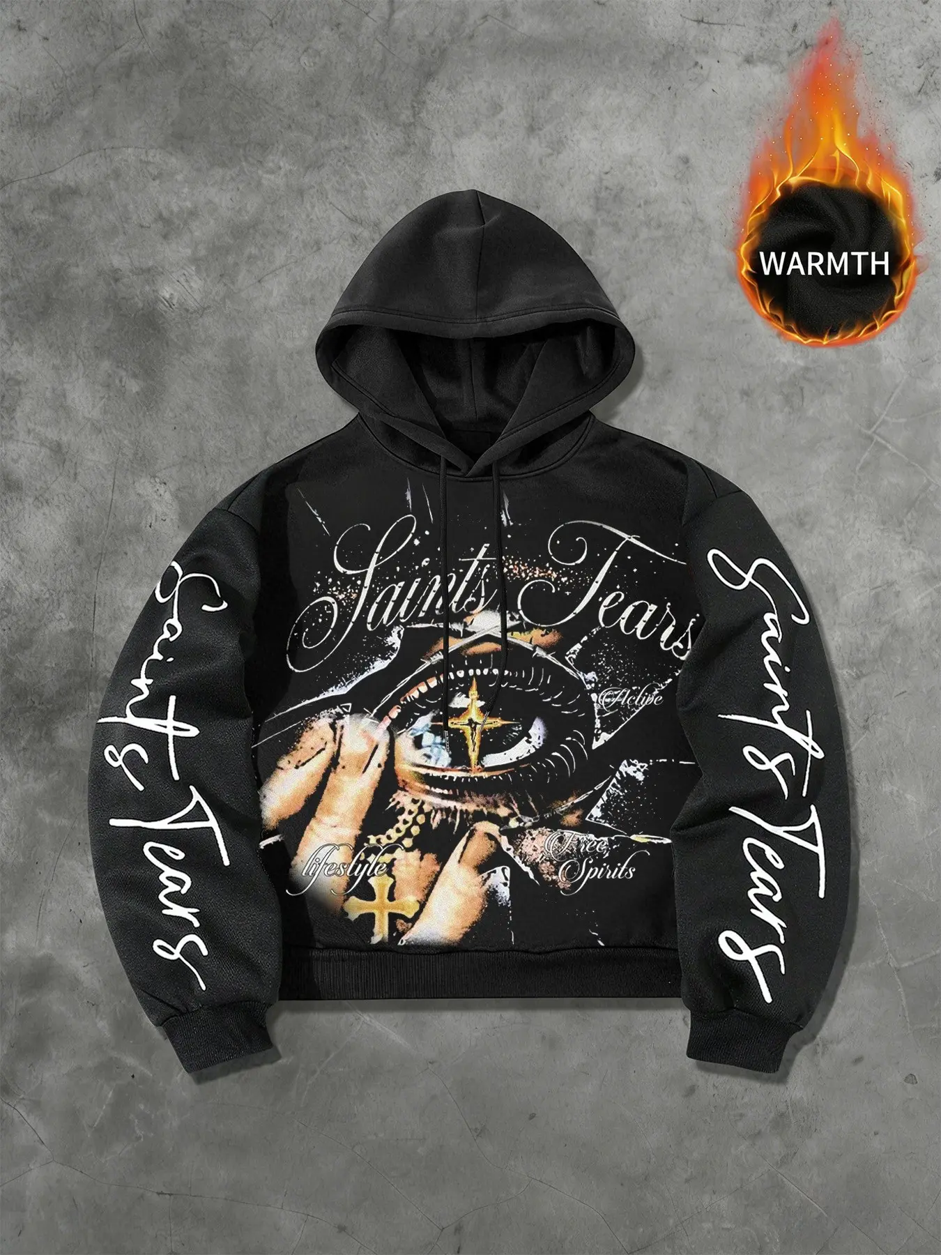 Saints' Tears Cross Necklace Dual-Sided Print Fleece Hoodie, Durable Wrinkle-Resistant Fabric, Perfect for Couples, Urban Night