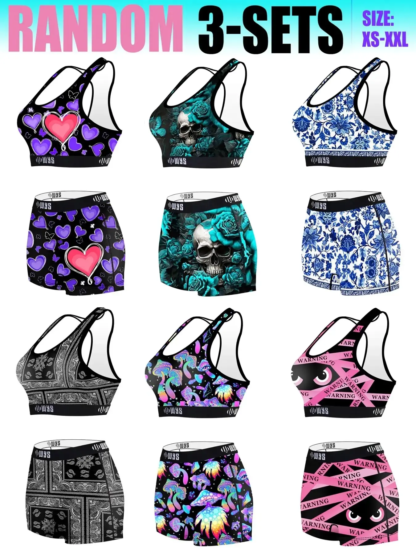 Random pattern Women's 3-Piece Printed Sports Bra Set, Halloween Skull Heart Paisley Print, Comfortable Stretchy Underwear, Sport Running Gym Swim Fashion, Sporty Bra Set