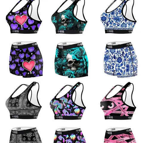 Women's 3 Sets Random Pattern Printed Sports Bra and Comfortable Stretchy Underwear, Halloween Skull Heart Paisley Print Fashion Sporty Bra Set, workout bras, Ideal for Sports, Running, Gym and Swimming