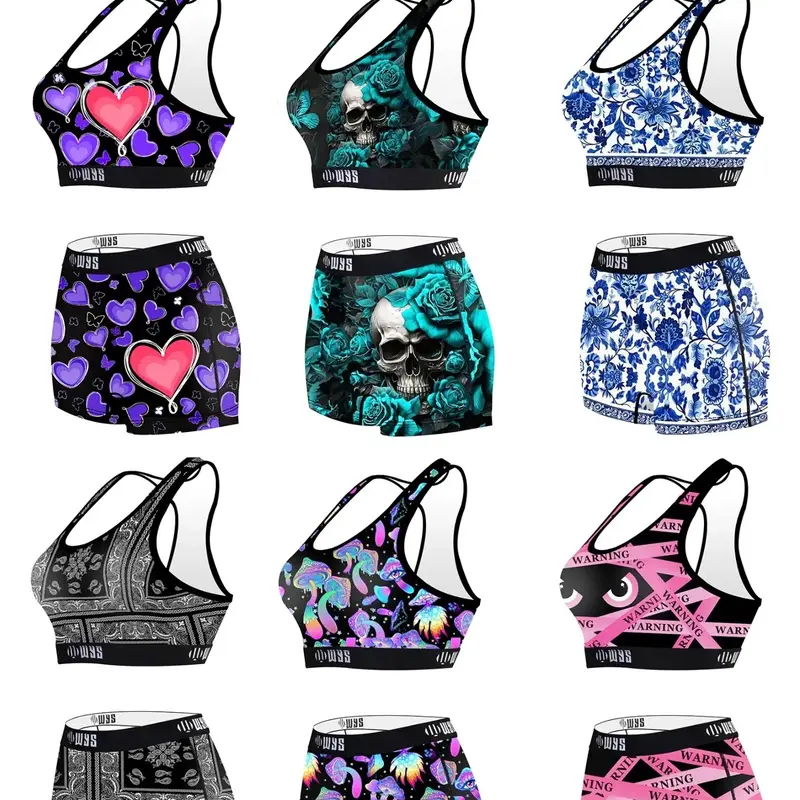 Women's 3 Sets Random Pattern Printed Sports Bra and Comfortable Stretchy Underwear, Halloween Skull Heart Paisley Print Fashion Sporty Bra Set, workout bras, Ideal for Sports, Running, Gym and Swimming