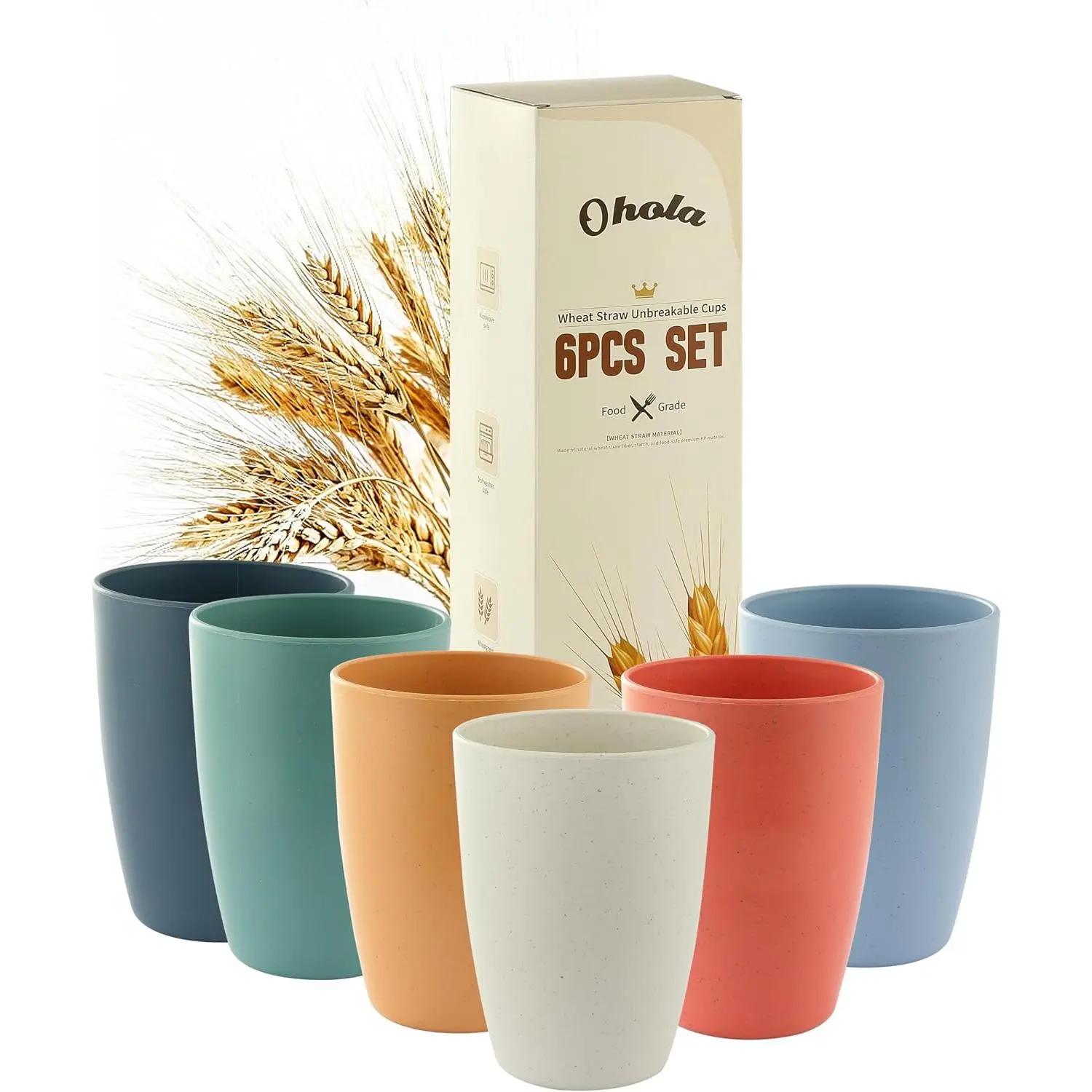 6-Count Wheat Straw Plastic Cups Set, 12oz Lightweight Unbreakable Modern Drinking Tumblers (6 Colors)