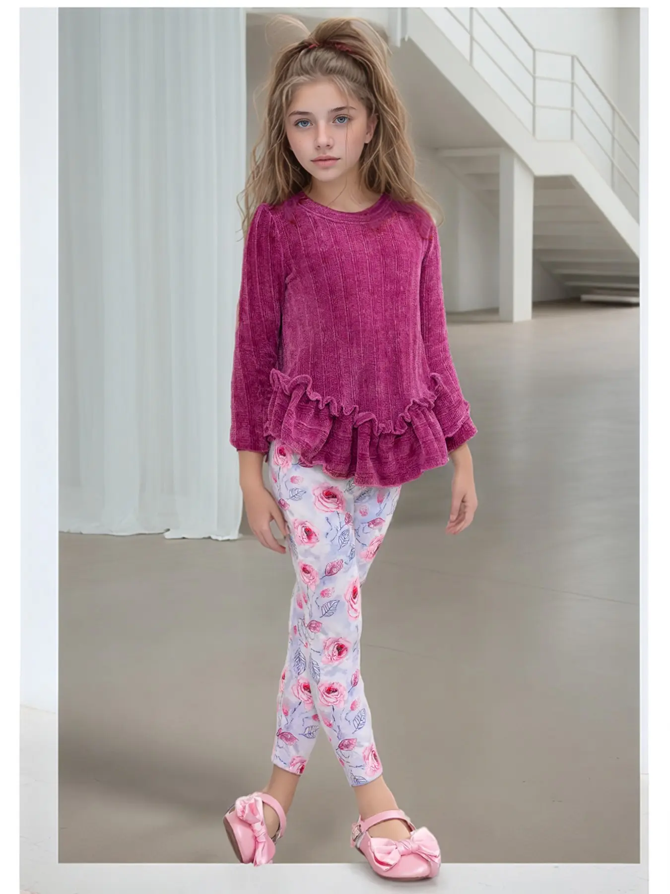 Girls 4-8Y Soft Teen 2-Piece Outfit, Magenta Chenille Vertical Rib Ruffle Hem 3/4 Sleeve Top, White Base Watercolor Pink Rose Stretch Slim Leggings, Girls Spring Autumn Loungewear & Outdoor Set, Cute Clothing Set