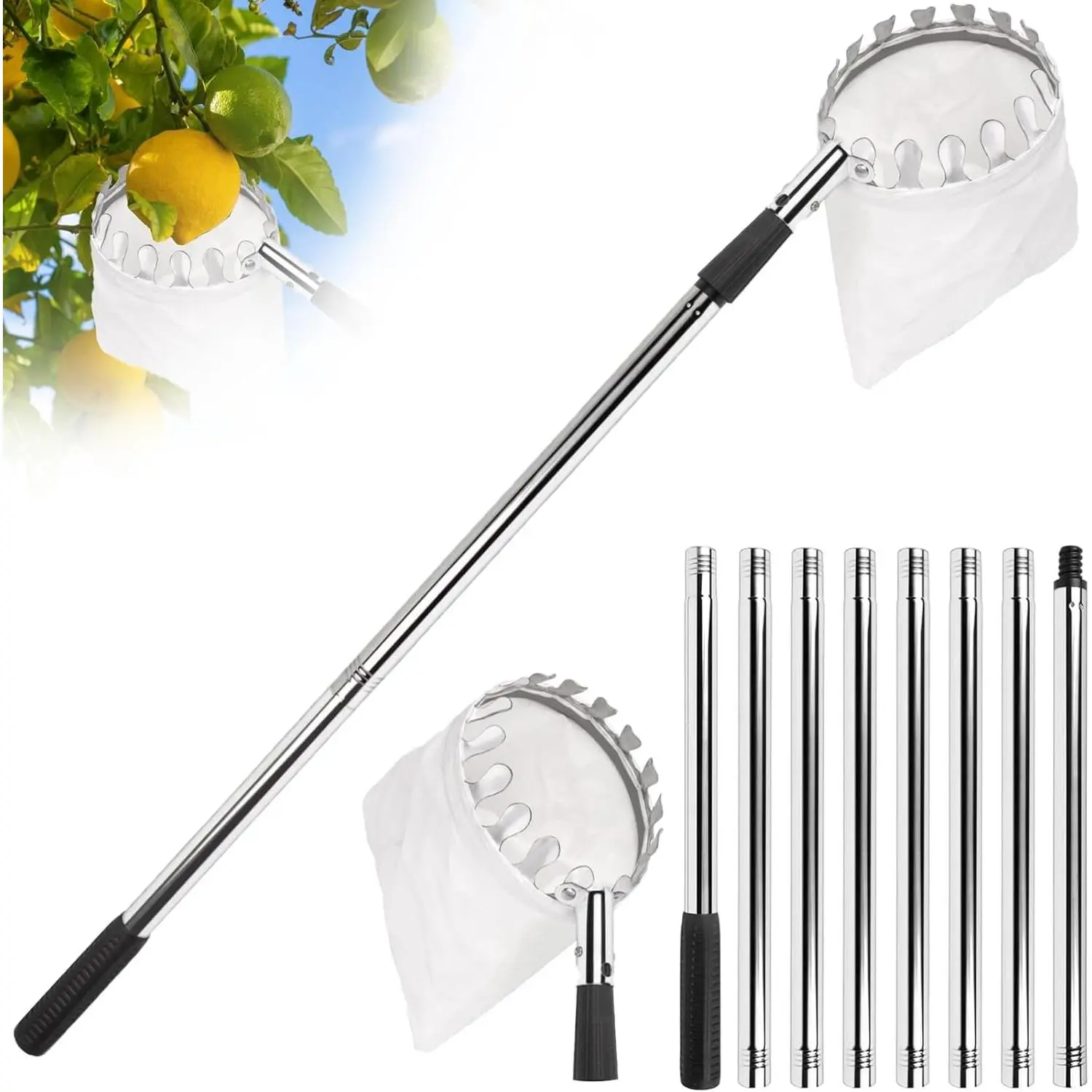 Fruit Picker Pole with Basket Telescoping -Adjustable 11.5FT Apple Picker Pole with Big Non-Woven Basket Fruits Catcher  Apples, Mango, Lemon, Orange - Easy to Assemble and Store New model