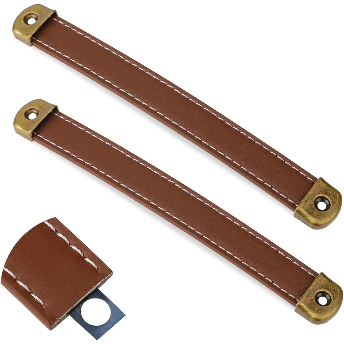 2 Pcs Brown Leather Strap Handles with Mounting Screws, Modern Leather Cabinet Knobs & Drawer Pulls for Cabinets, Trunks, Suitcases, LuggageGift
