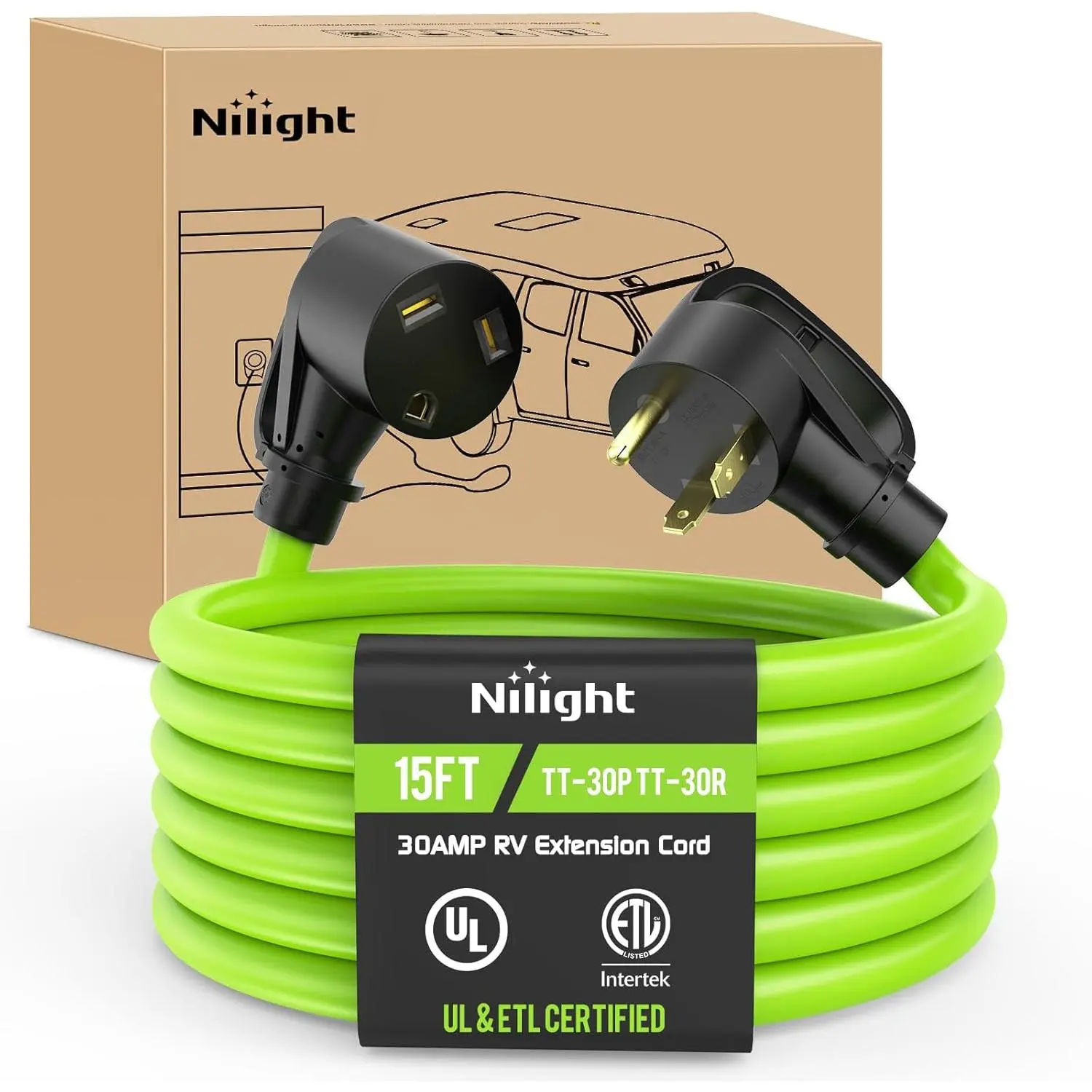 Nilight 1 x 15 ft 30Amp RV Extension Cord, 10 Gauge Pure Copper Twisted STW Wire, 125V 3750W UL ETL Listed 3-Prong TT-30P-TT-30R, 30A 30f/30m 15ft Green Weatherproof Cord with Organizer, Connects to Power Stations, Generator Use
