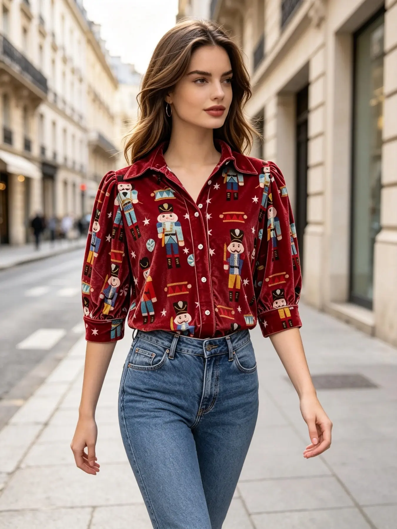 Nutcracker Playful Print Notched Collar Top, Stylish Women's Clothing, Unique Design, Perfect for Casual Wear, Eye-Catching Fashion Piece, Blouses Shirts Tops