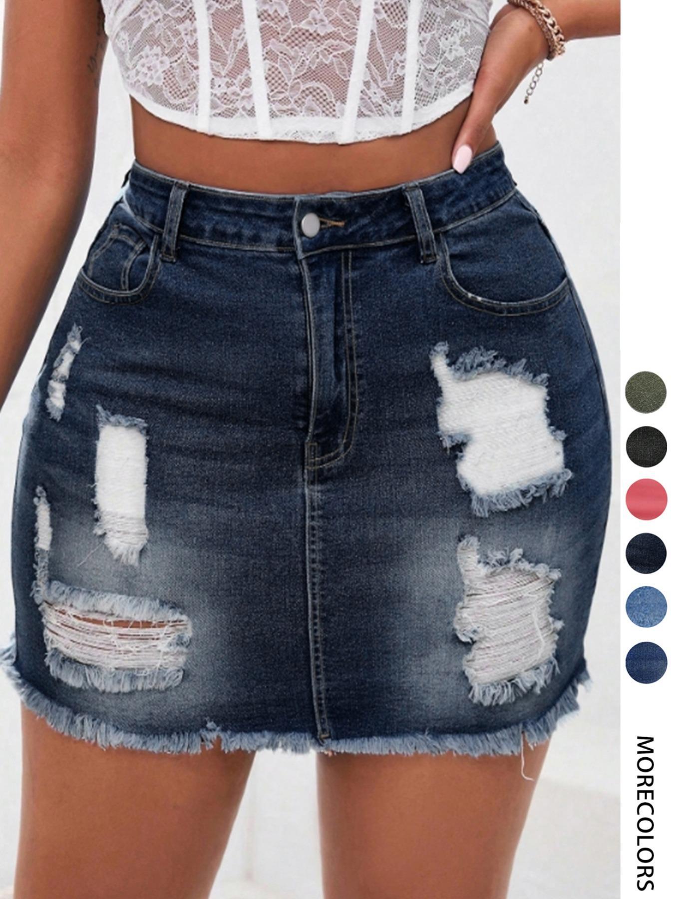 Women's Distressed Fit Denim Skirt, Fashion Casual Ripped Short Skirt with Button for Daily Outdoor Wear, Micro Skirt, Ladies Bottoms for Summer