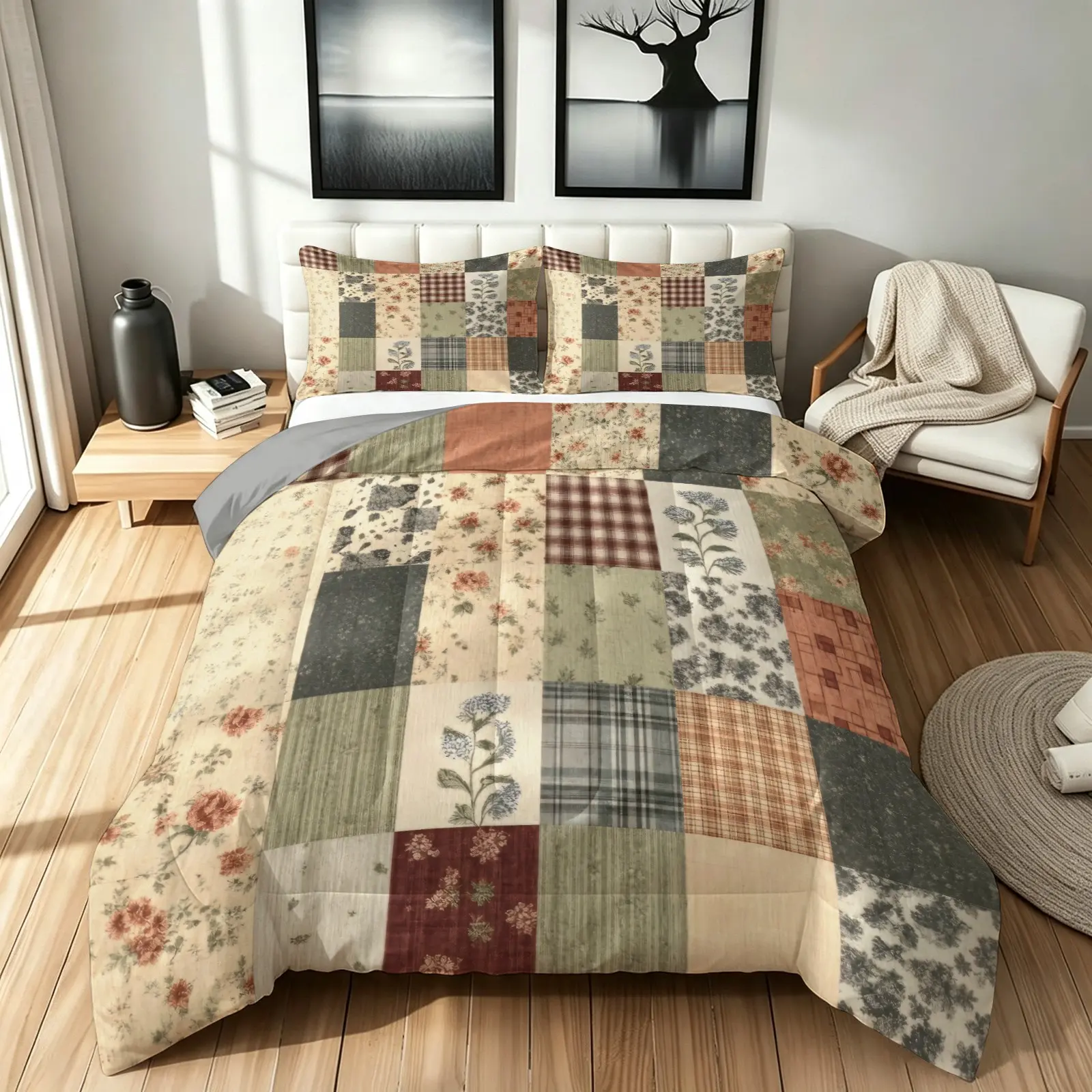 Vintage Patchwork Floral Plaid Comforter Set, Bedding Set, flower quilt set, Retro Quilt‑Block Mixed Pattern Digital Print, Soft Microfiber Bedding for Rustic Farmhouse Bedroom Home Decoration, 1 Quilt & 2 Pillowcase, No Pillow Insert