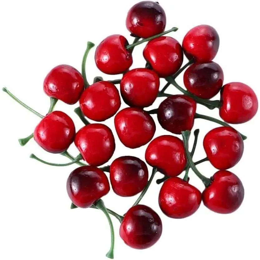 20 count Artificial Cherries,  Fruit Decor  Cherry Model Lifelike Fruit Cherry Ornament,  Kitchen Party Decoration Desk Ornament Photography Prop (Deep Red)
