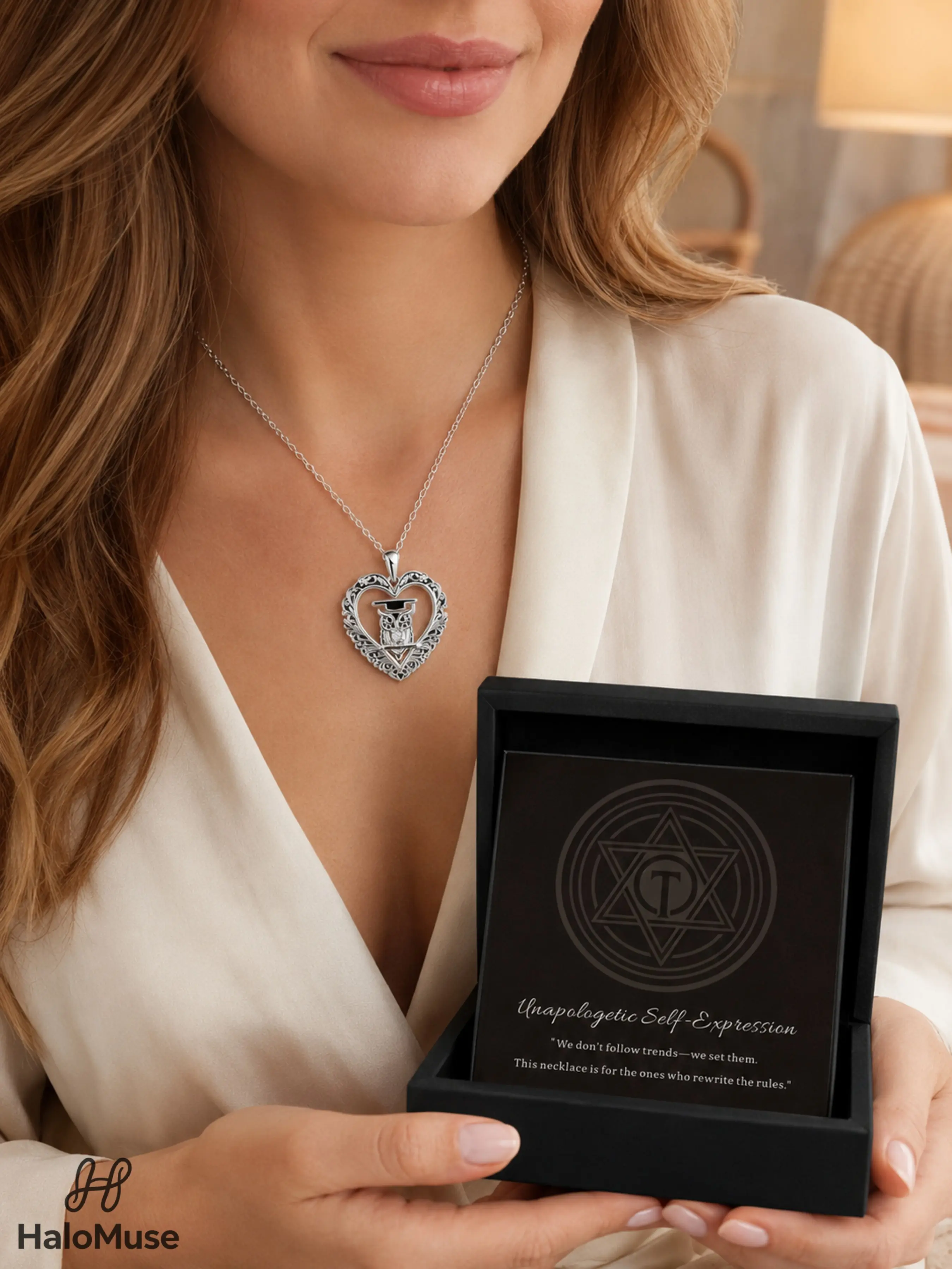 Halo Muse 1Set Owl Graduation Necklace Gift Box Set, Sparkly Diamond Silver Heart Pendant Chain with Brown Inspirational Card and Black Gift Box, Perfect Graduation, Birthday & Holiday Jewelry Gift