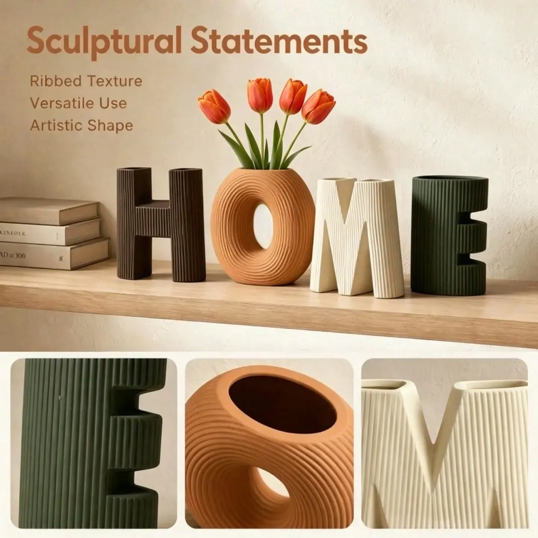 Set of 4 Letter HOME Shaped Ceramic Decorative Vase Decor Set, Decorative Vases For Home Decor, Multi-scene Home Ornament for Living Room, Bedroom, Entryway & Shelf, Minimalist Creative Floral Display for Fresh Dried Flowers