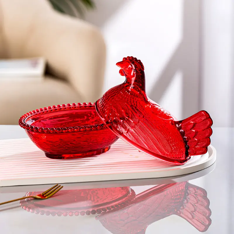 Retro Vintage Candy-Colored Chicken Form Crystal Glass Candy Jar with Lid, Includes Plate Pad, Home Organizer Storage Canister for Sugar/Dry Fruits, Housewarming Gift Ready Home Supply