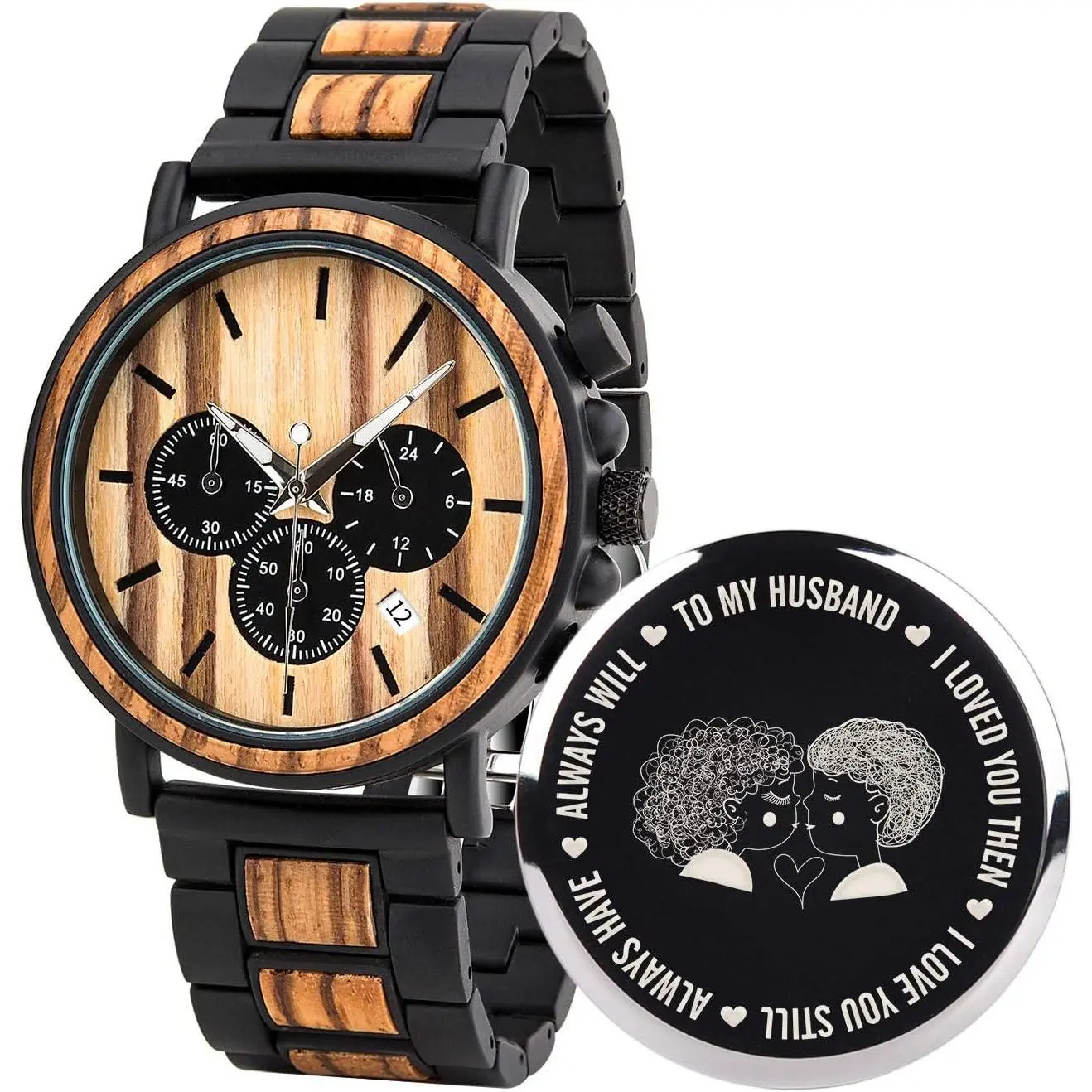 Mens Personalized Engraved Wooden Watches, Stylish  & Stainless Steel Combined Quartz Casual Wristwatches for Men Family  Customized Watch