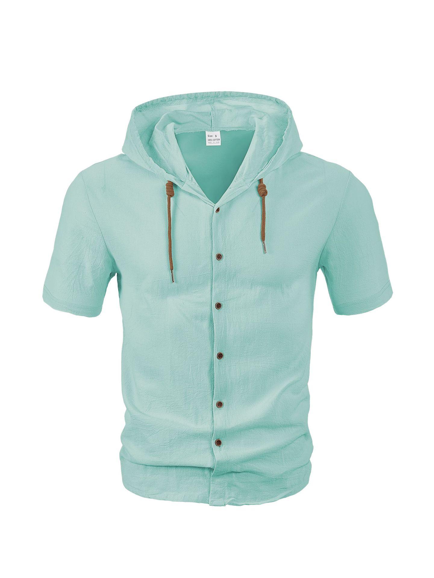 American-style Summer Lightweight Breathable Linen Amekaji Loose-fitting Hooded Men's Short-sleeve Shirt 95% Linen 5% Polyester Casual Menswear