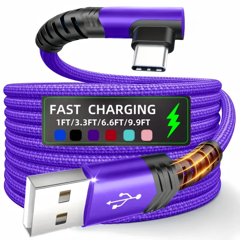 Type-C Fast Charger, Right Angle USB to USB-C Cable, Braided Copper Aluminum Wire, 30w Output, Compatible with Samsung, Huawei, Xiaomi, Redmi, Oppo, Oneplus