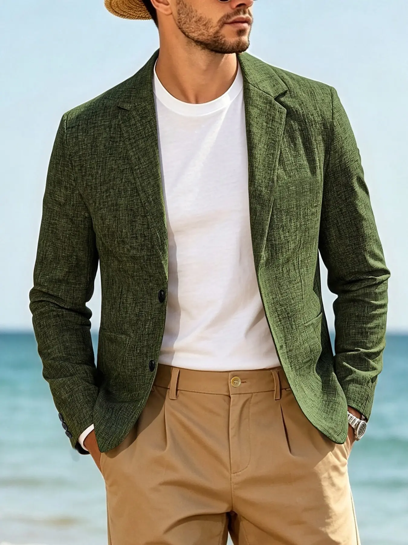 Men's unlined blazer, lightweight and breathable casual resort-style two-button design, perfect for beach outings and everyday wear