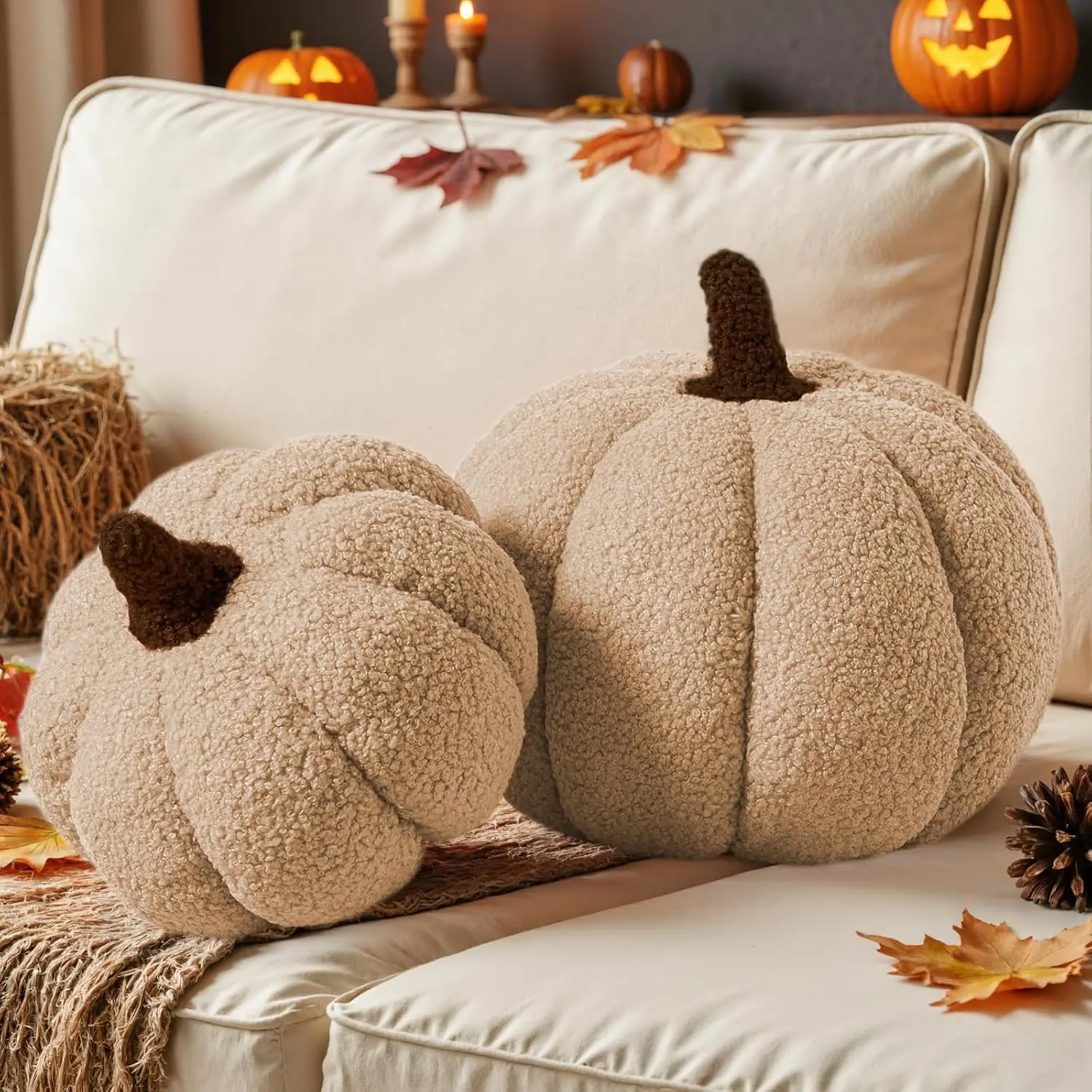 Fall Pumpkin Pillows Set of 2, Halloween Decoration Decorative Throw Pillows Soft Fleece Cute 3D Cushion for Sofa Couch Bedroom Autumn Thanksgiving (Beige, 12.6x8.7in & 9x5.9in)