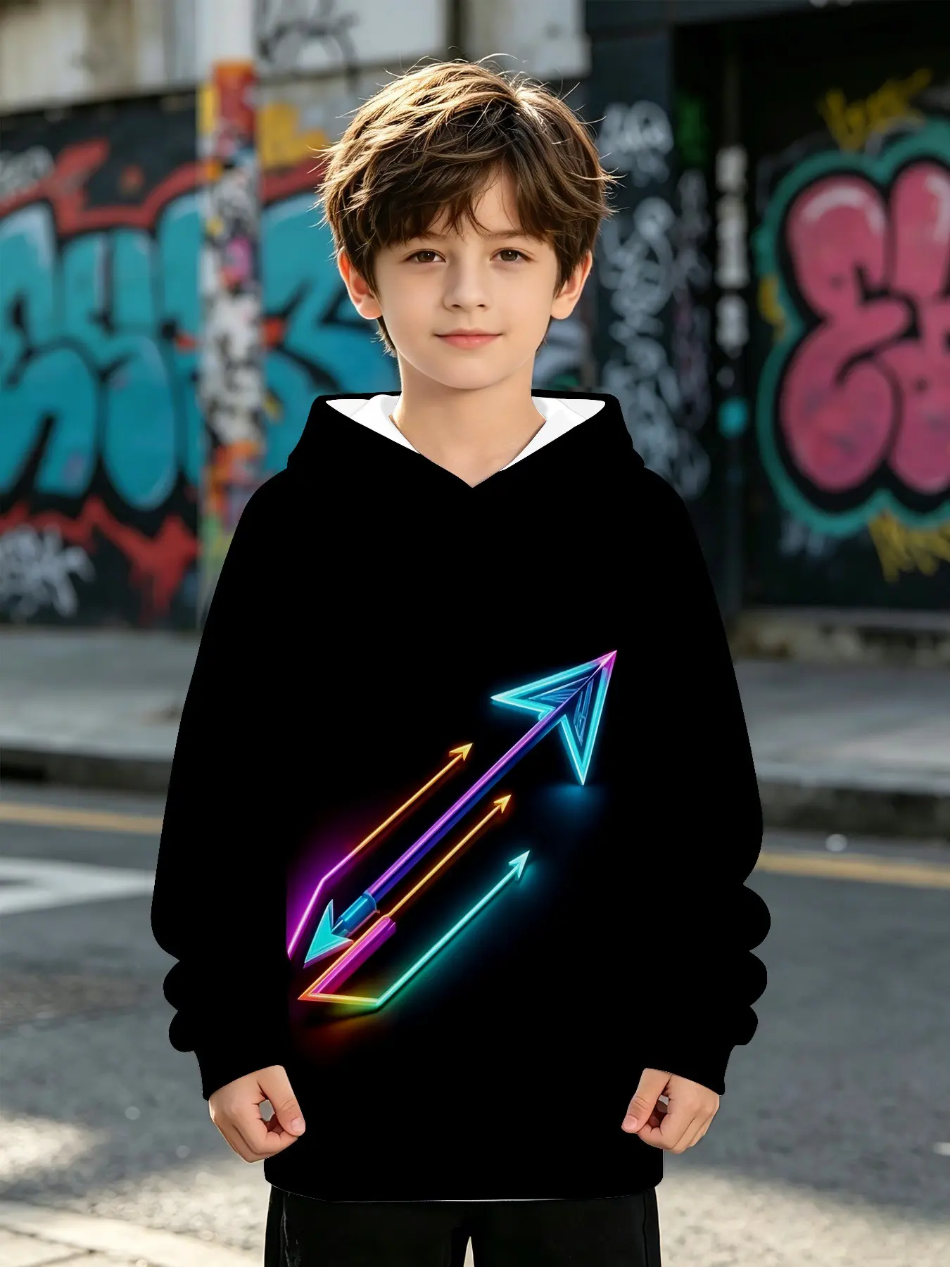 Unisex Hooded Sweatshirt, Neon Glow Arrow Print, Long Sleeve Jumper, Casual Loose Fit, Fall & Winter Fashion