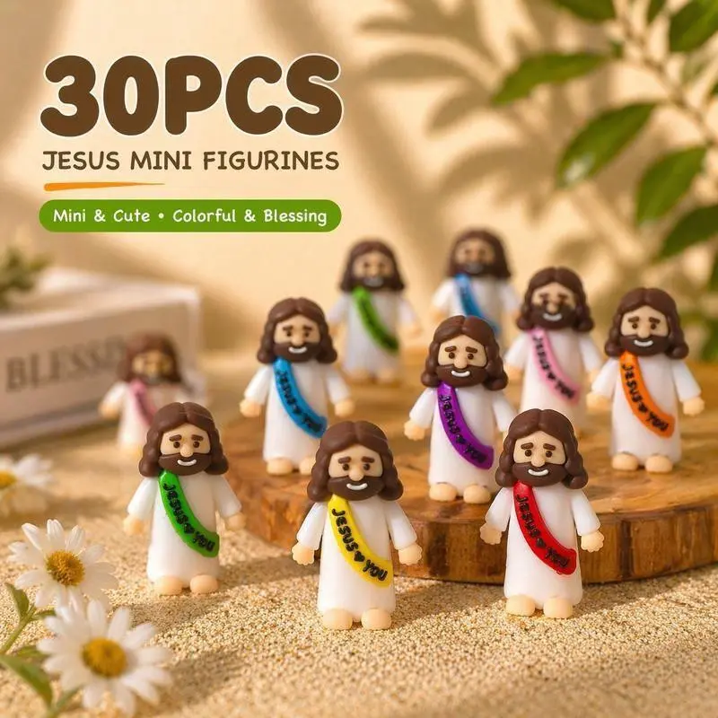 Creative Hide-and-Seek Style Mini Jesus Rubber Doll Set - Includes 30 colorful mini dolls. Suitable for Sunday school, baptism, and Christmas party scenes. An atmosphere-filled activity gift for kids.