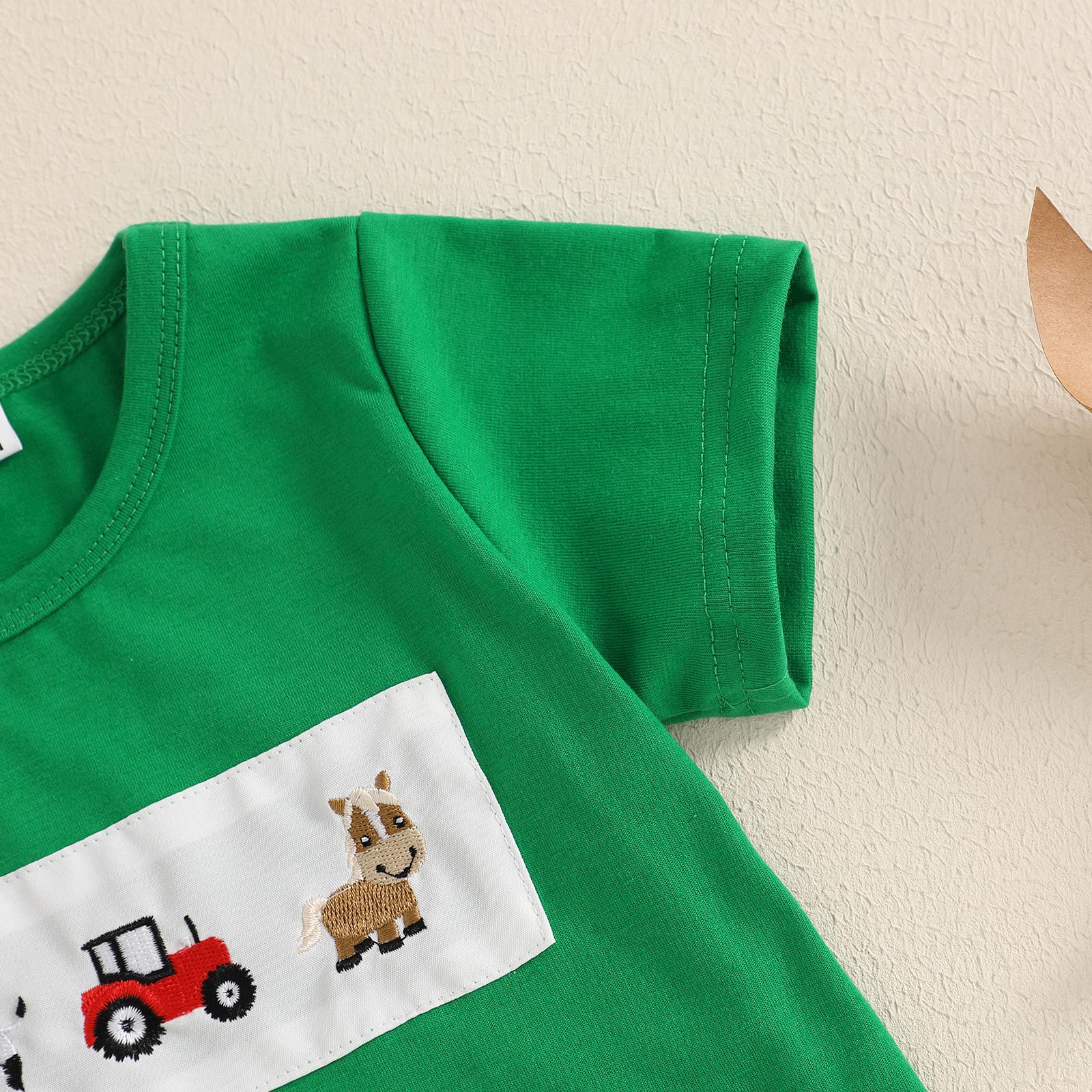 Toddler Baby Boy Summer Outfit Animal Embroidery Round Neck Short Sleeve Top Stripe Shorts Casual 2pcs Set Summer Clothes