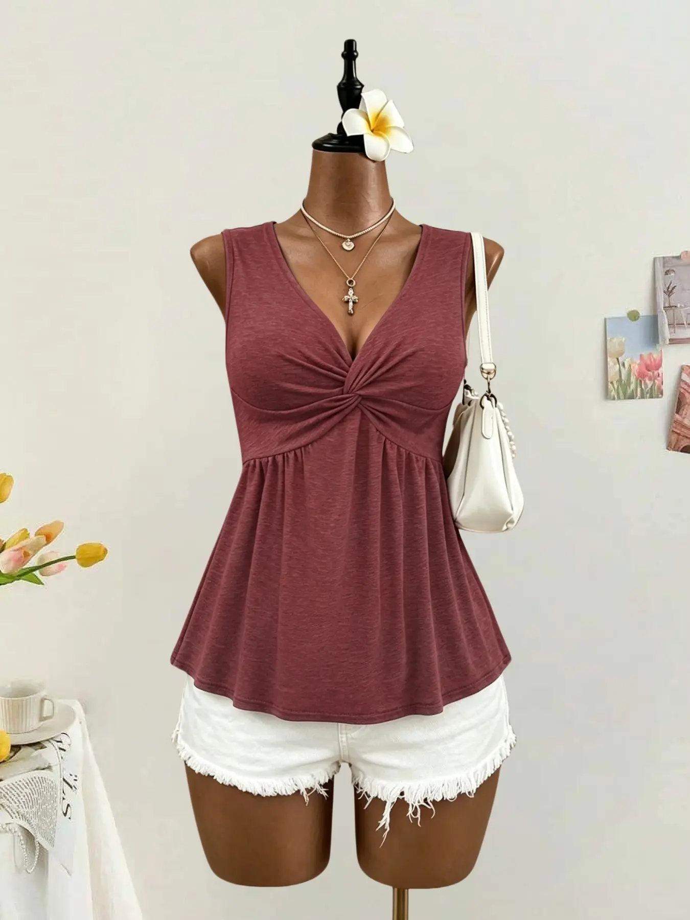 Unique Design Front Knot V Neck Sleeveless Knitted Babydoll Top, Flowy Loose Fit Conceal Belly Slimming Daily Commute Strapless Vest