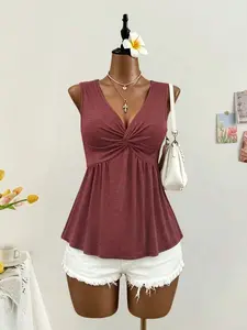 Unique Design Front Knot V Neck Sleeveless Knitted Babydoll Top, Flowy Loose Fit Conceal Belly Slimming Daily Commute Strapless Vest