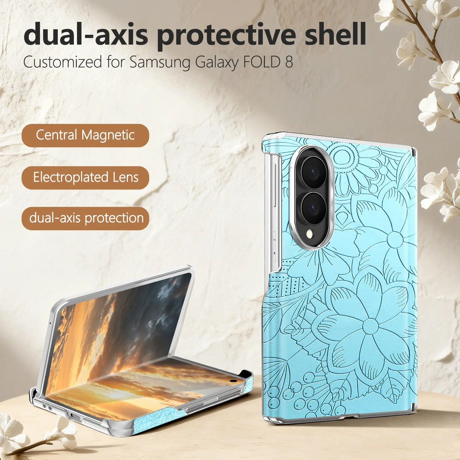 Magnetic Folding Phone Case for Samsung Z Fold8 Ultra, Huawei Pura X Max, Honor Magic V5, Floral Leaf Design, Full Series Compatibility