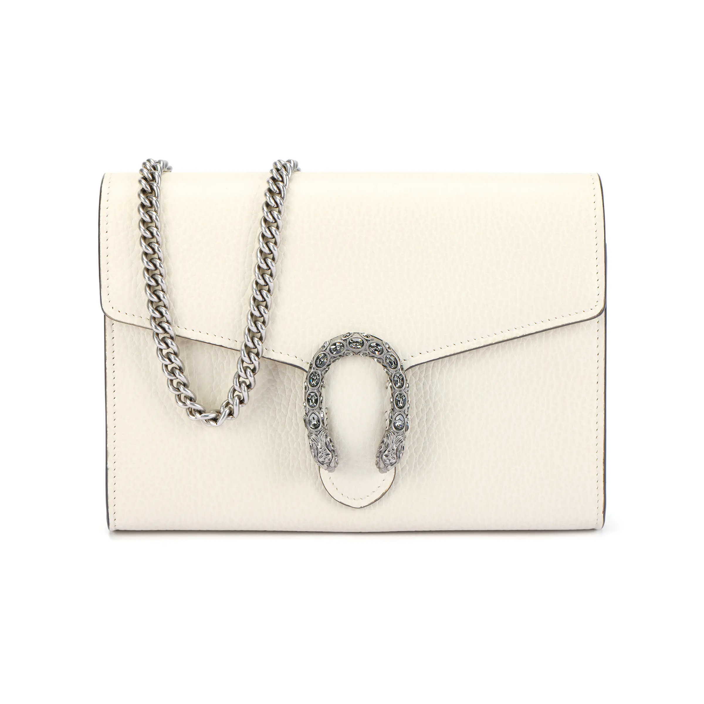 Gucci Dionysus Distressed Tiger-Head Clasp Chain Leather Crossbody Bag for Women, Mini Style in White