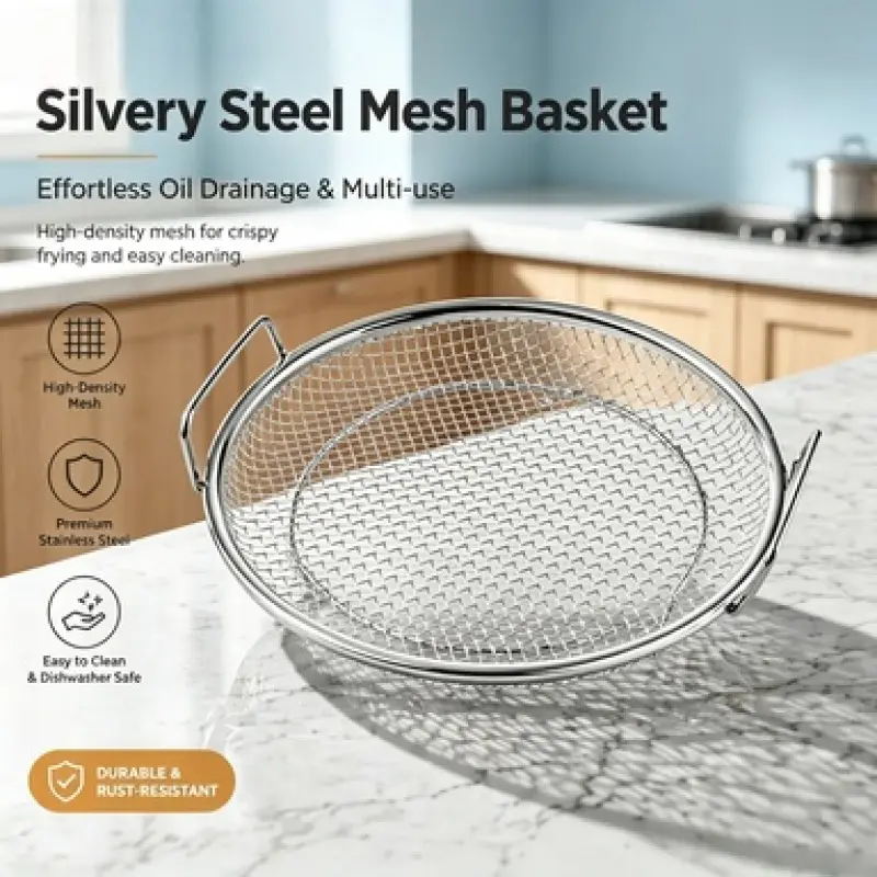 Premium Round Stainless Steel Mesh Basket with Double Handles, High Density Rust Resistant Oil Drainer, Dishwasher Safe Multi-Purpose Kitchen Strainer for Fried Food Draining, Fruits Vegetables Washing and Food Drying, Stainless Steel Colander Strainer