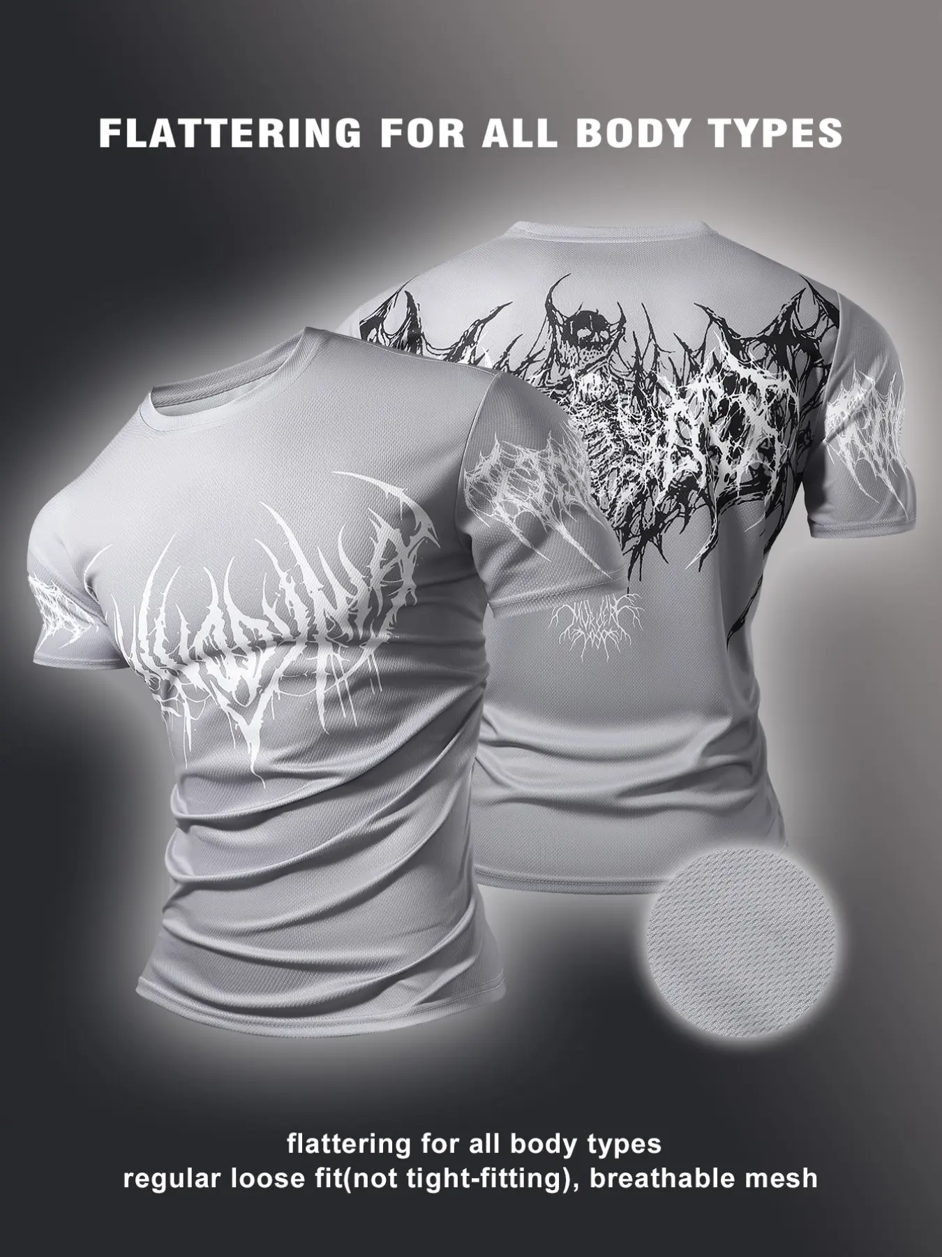 Men's Short Sleeve T-Shirt, Back Print Wing Spine Design, Unique Front Pattern, Gothic Street Style, Casual Daily Wear