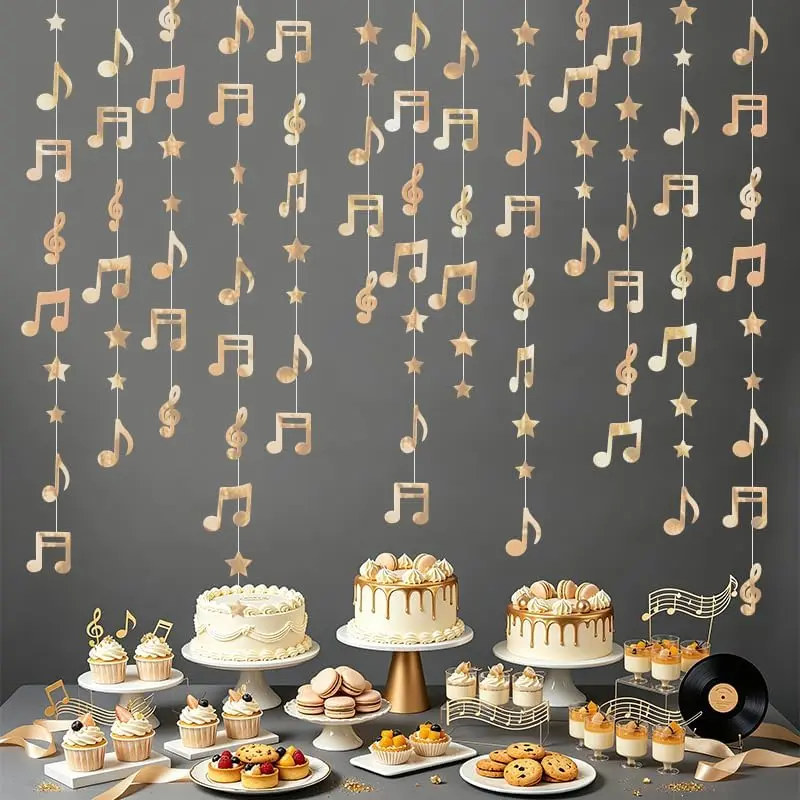 Champagne Shimmering Musical Note Star Hanging Garland Champagne Music Theme Party Hanging Backdrop Ceiling Decor for Birthday Shower Party Concert Wedding Nursery Decorations 30 Feet