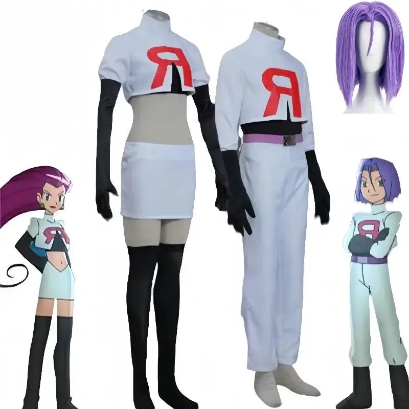 Adult Anime Team Rocket Jessie (Musashi) & James (Kojirou) Complete Cosplay Set, Halloween Costume Outfit