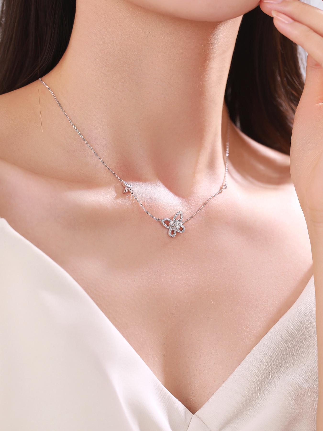 S925 Sterling Silver Butterfly Design Pendant Necklace, Artificial Zircon Decor Necklace for Women & Girls, Trendy All-match & Exquisite Jewelry for Birthday Gift, Valentine's Day, Gift