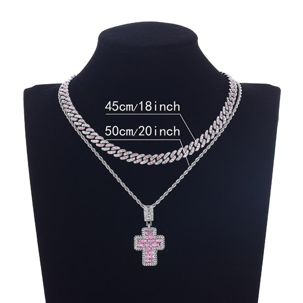 Moissanite Cross Cuban Chain Pendant Necklace Unique Cross Inlay Design Sparkling Brilliant Cut Shining Jewelry Trendy Hip Hop Style Suitable For Daily Wear Nightclub Street Party Banquet Festival For Unisex Fashion Lovers Caucasian Women Men Stylish Stat