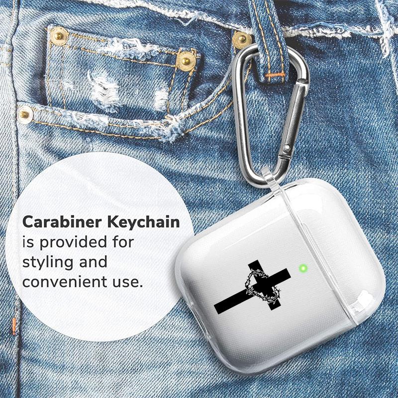 Cross Thorns Pattern Protective Case for AirPods 4/3/2/1/Pro/Pro2 Soft TPU Earphone Cover, Transparent with Keychain