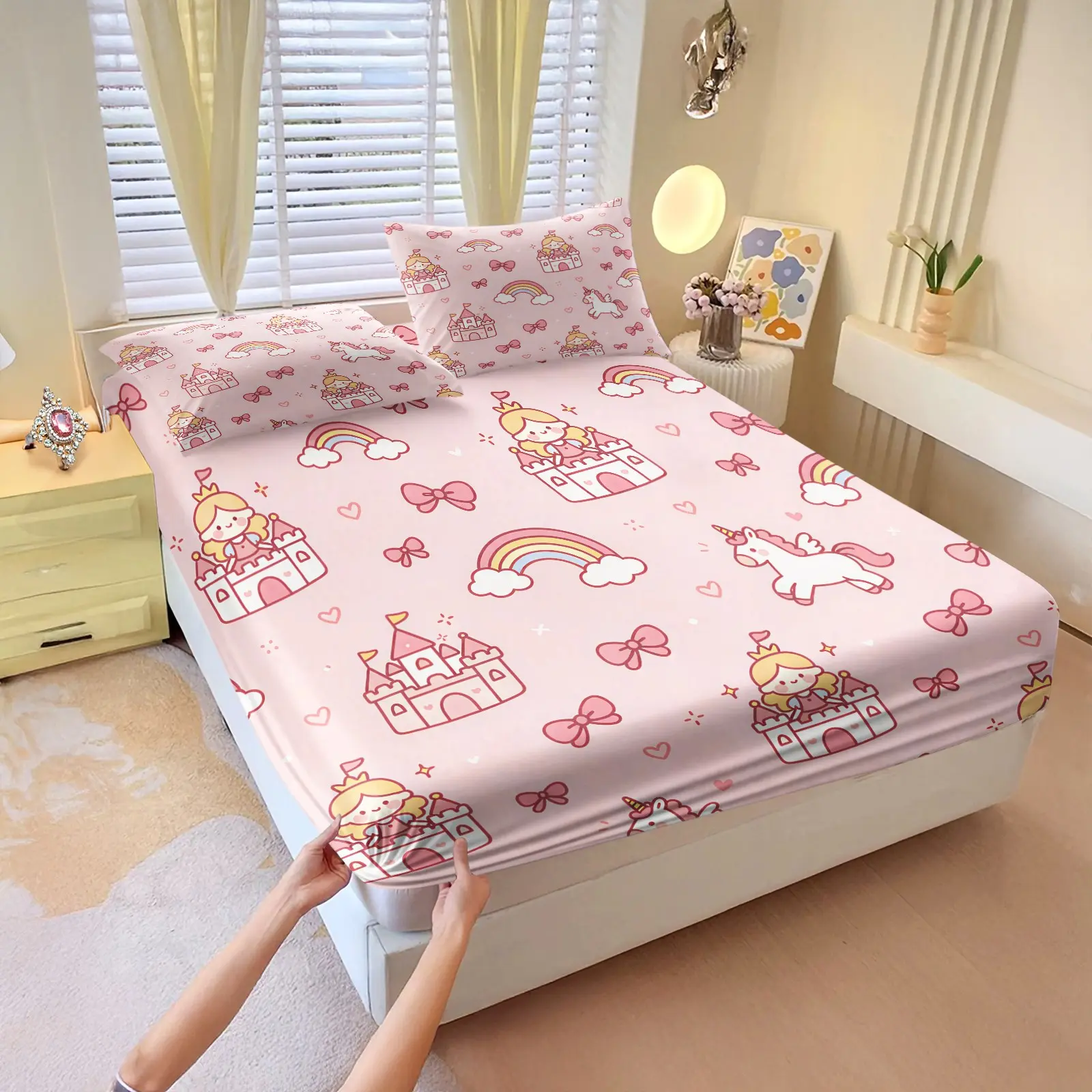 3Pcs Soft Pastel Cartoon Maiden Unicorn Fitted Sheet Set, Beddings, Multi-tone Fairy Tale Patterns, Ultra-soft Fabric, Deep Pocket Design, Wrinkle Resistant, Ideal for August Back-to-School Dorms