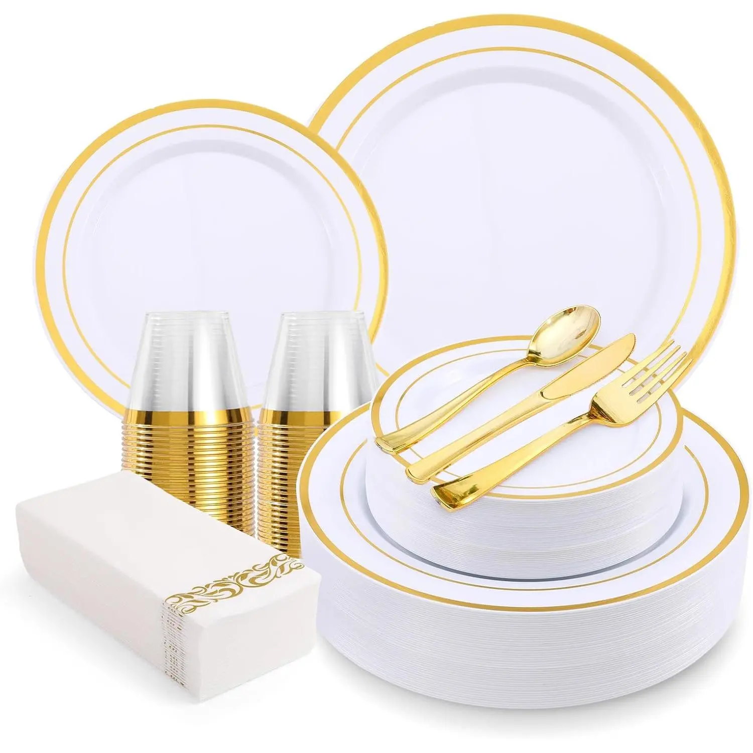 350-  Rim Plastic Dinnerware Set for 50 Guests, Elegant Disposable Dinnerware for Party, Wedding. Includes Dinner Plates, Dessert Plates,  Silverware, Napkins, Cups