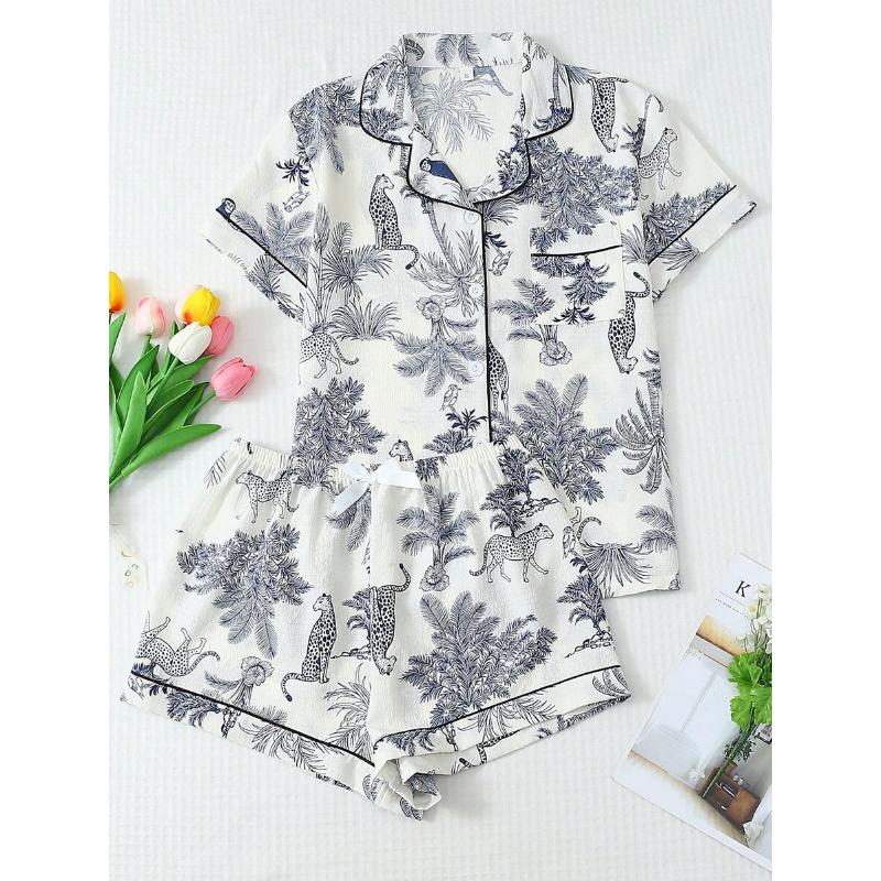 2pcs Soft Palm Tree & Giraffe Print Lapel Button Short Sleeve Top With Pocket And Bowknot Shorts Pajama Set, Women Loungewear For Home Wear, Spring & Summer Fabric Fit rave outfit 90s graphic tees office outfits women ibiza outfits women's summer outfits
