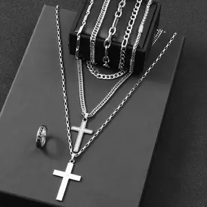 9-piece minimalist and stylish high-quality stainless steel cross-weave necklace, bracelet, and ring set | religious cross necklace, perfect for vacations, dates, holidays, and everyday street style (box not included).