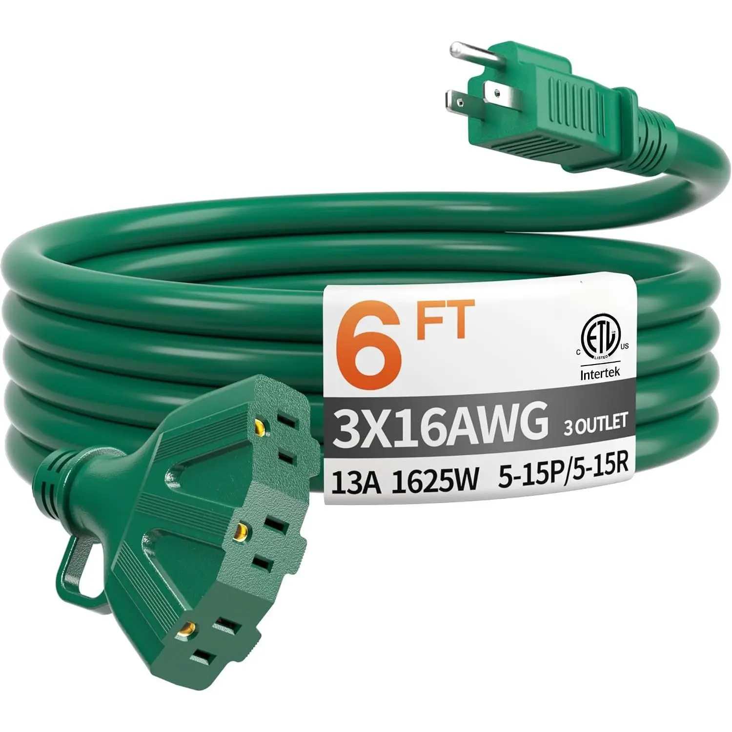 6FT 16 Gauge Green Outdoor Extension Cord with Multiple Outlets