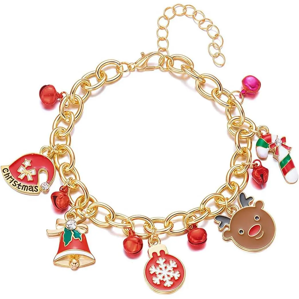 Christmas Charm Bracelet for Women - 8 Inch Adjustable Alloy Chain with Jingle Bells, Snowflake, Snowman, Santa Claus, Christmas Tree Pendants,  Holiday Party , Xmas Stocking Stuffers & Birthday Gifts