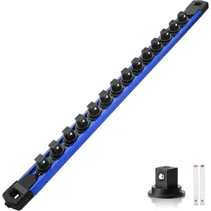 Hardware Tools Reniteco Magnetic Socket Organizer, 3/8" Drive Aluminum Alloy Socket Rail, Heavy Duty Magnetic Socket Holder with 14PC 360 °   Swivel Removable Clips, Magnetic Socket Rack for Tool Box Drawer, Blue