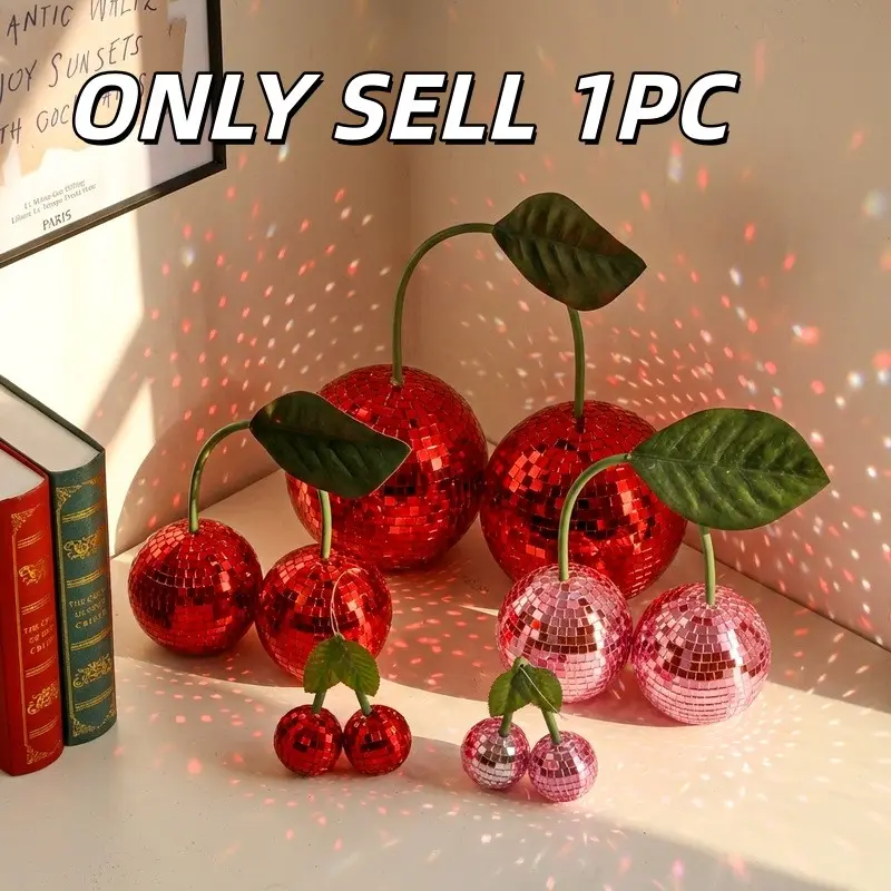 1PC Red/Pink Disco Cherry Ornament, Reflective Mirror Glass Cherry Balls with Leaves, Ins Style Tabletop Decor, Table Ornament Gift for Party, Festive Decoration, Bedroom & Home