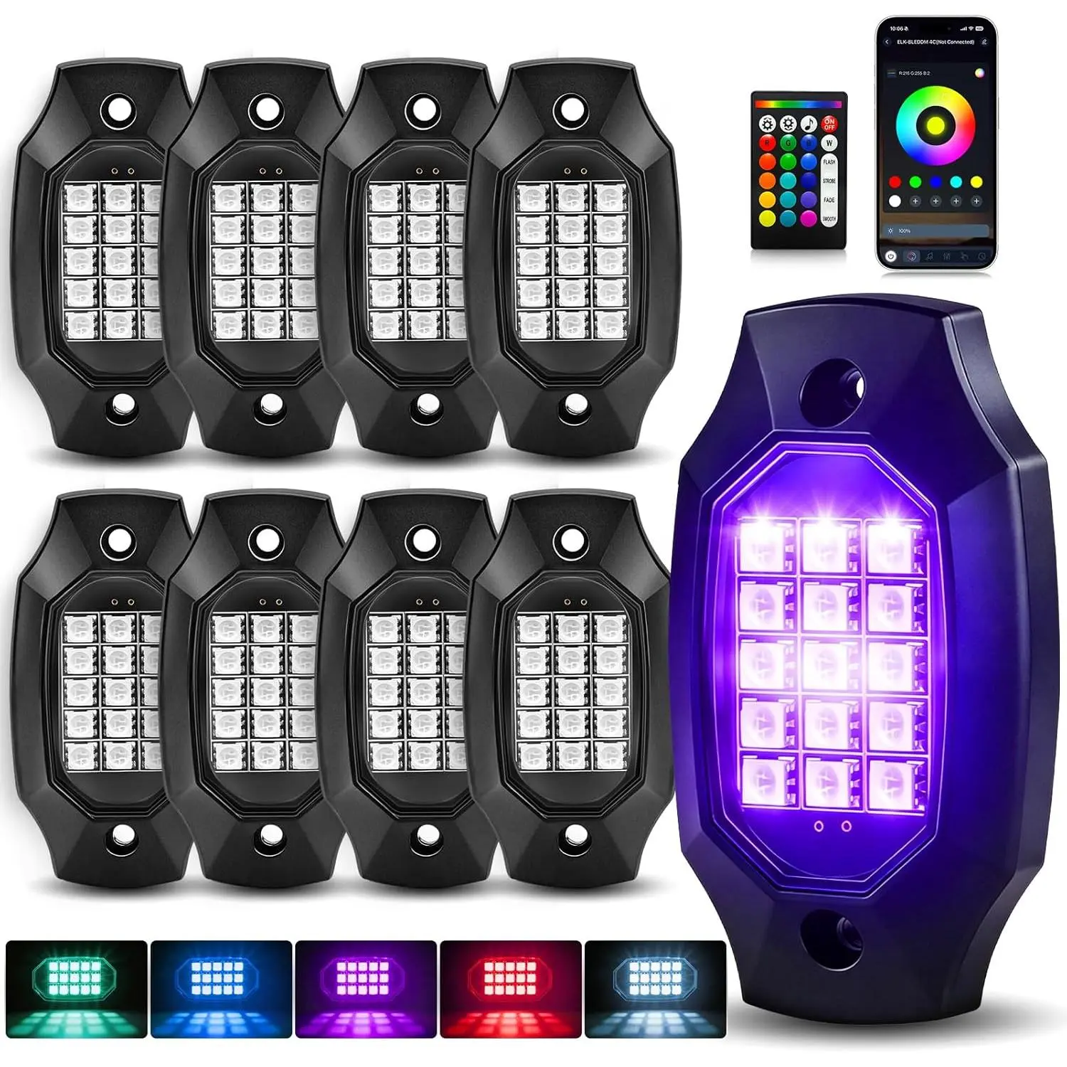 8-Pod RGB LED Offroad Lights, High Brightness IP67 Waterproof with APP/RF Remote Control, Neon Glow Underglow Multicolor Zone Exterior Lights for 12V Trucks/SUVs, Jeep, Pickup, UTV, ATV, RZR