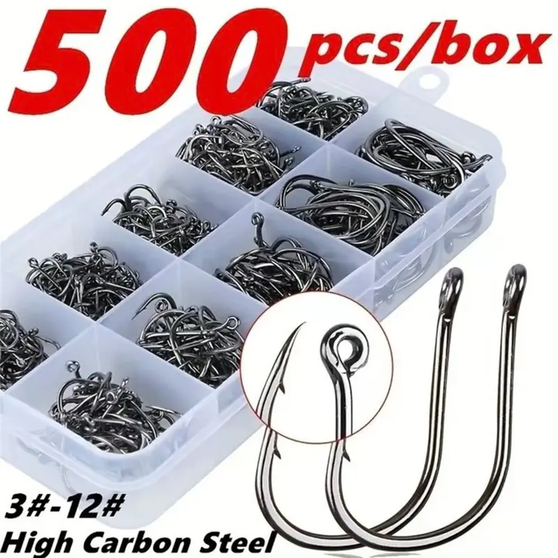 500PCS!! Strong Carbon Steel Fishing Hooks with Portable Plastic Box, 10 Sizes Sharp Circle Single Hook with Barb, ReeMoo Premium Fishing Accessories