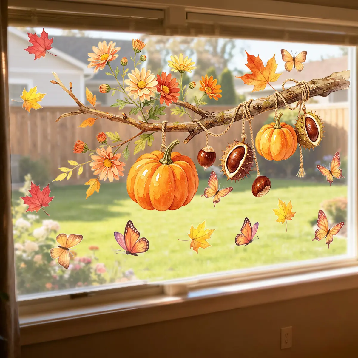 1Pc (30*60cm) Static Window Clings with Autumn Branches, Harvest Pumpkins & Daisies, Decorated with Maple Leaves and Chestnuts, Glueless Glass Stickers for Thanksgiving Window Display